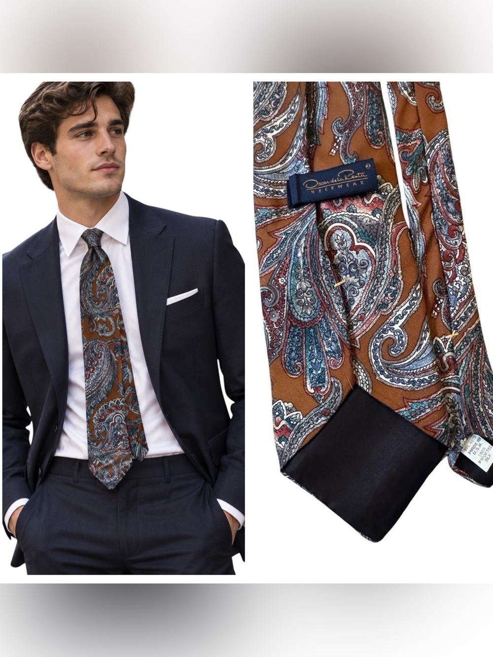 VTG Mens Oscar de la Renta Designer Brown Blue Paisley 100% Silk Fall Winter Tie